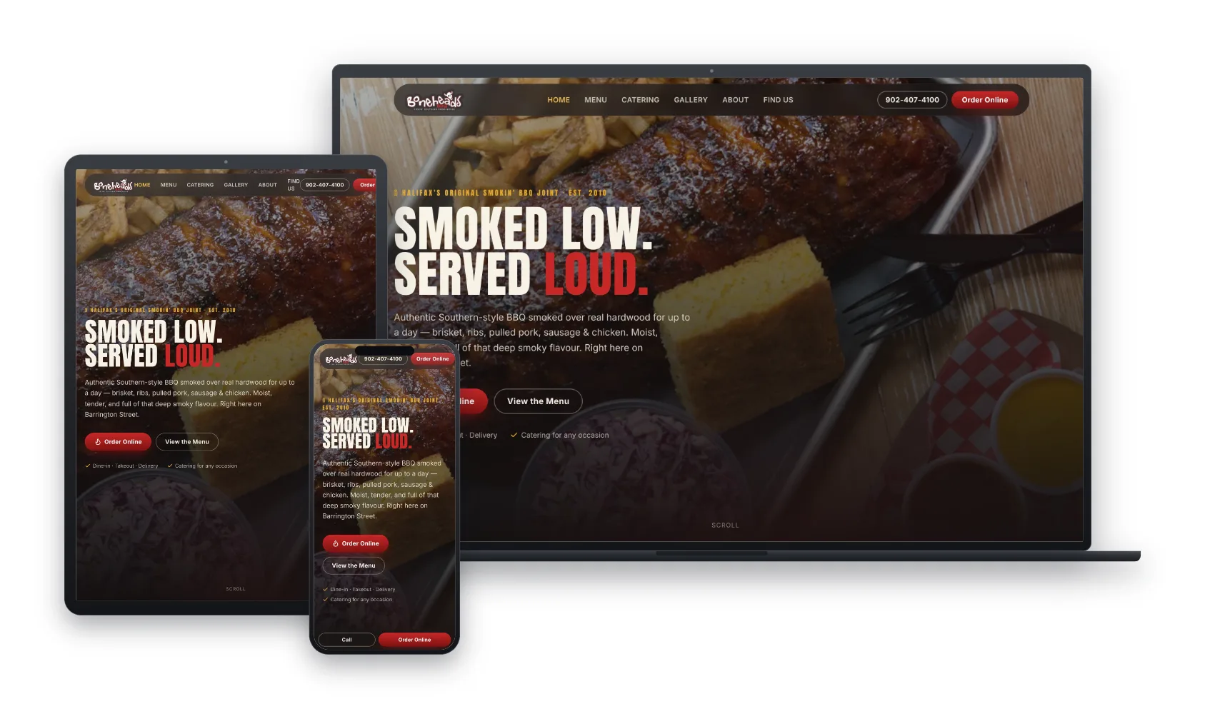 Boneheads BBQ restaurant website designed by Huddy Digital, shown on laptop and phone
