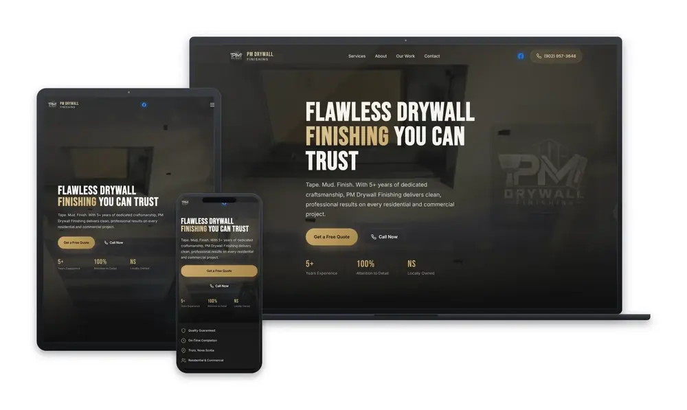 PM Drywall Finishing website design, built by Huddy Digital