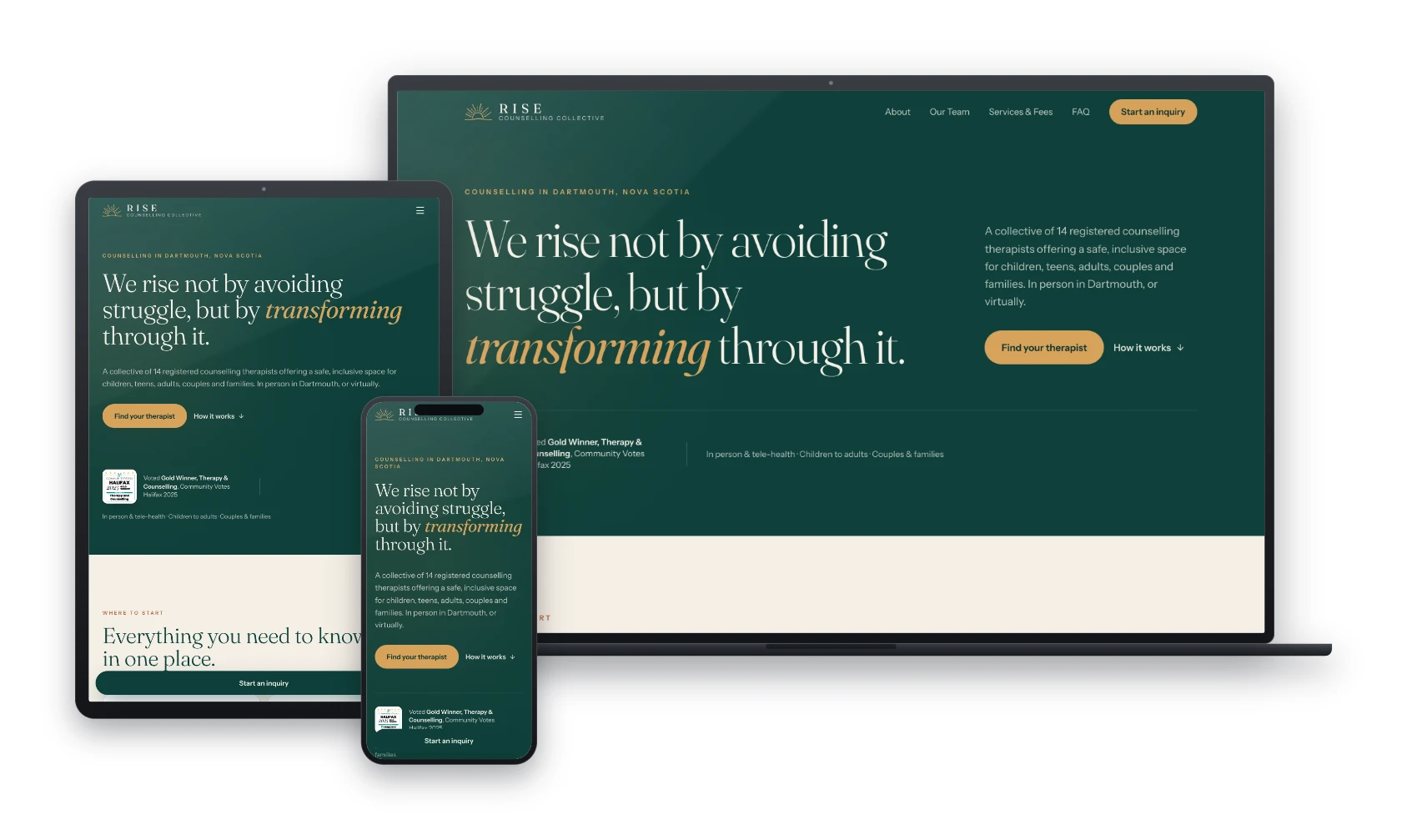 Rise Counselling Collective new custom website after the rebuild